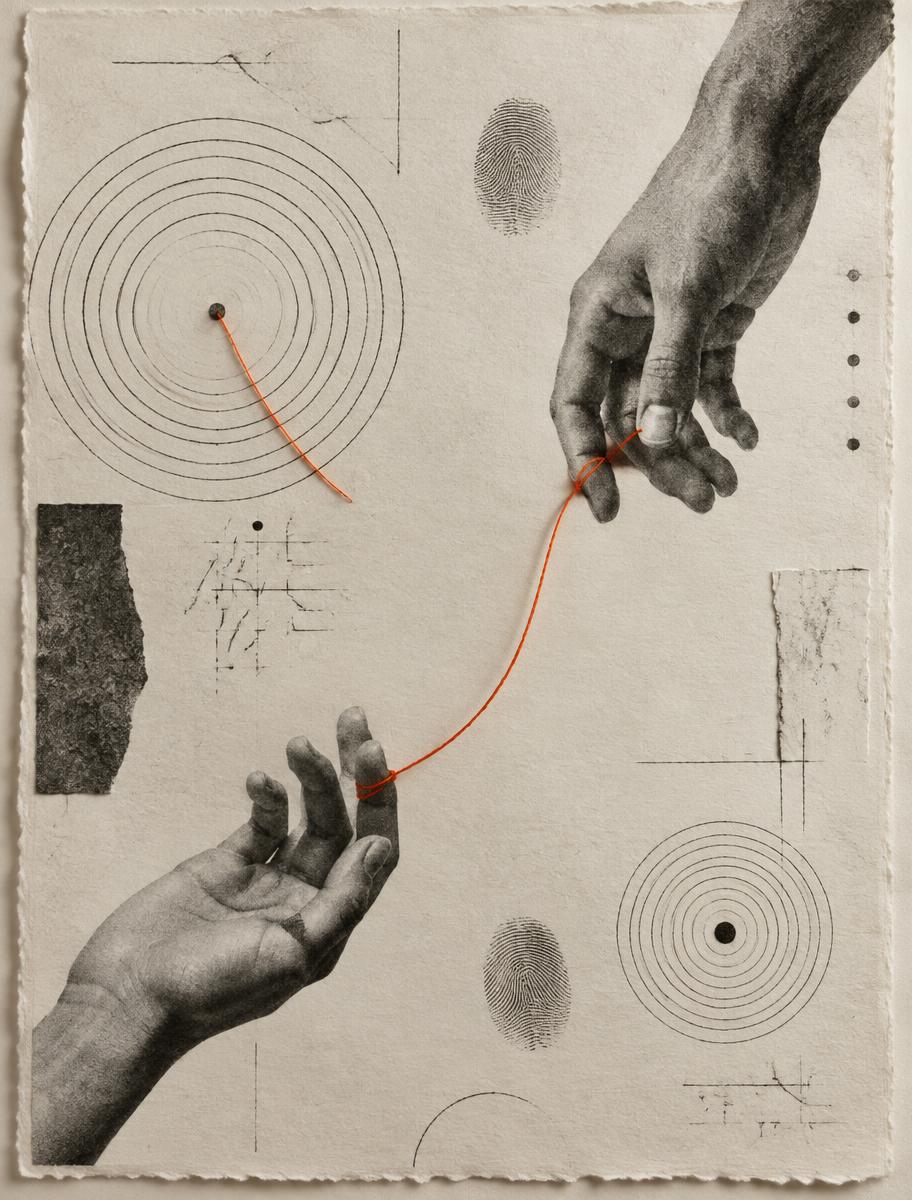 Hands connected by an orange thread among hand-drawn diagrams