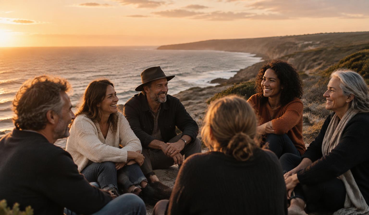 Friends gathered in conversation on the Australian coast